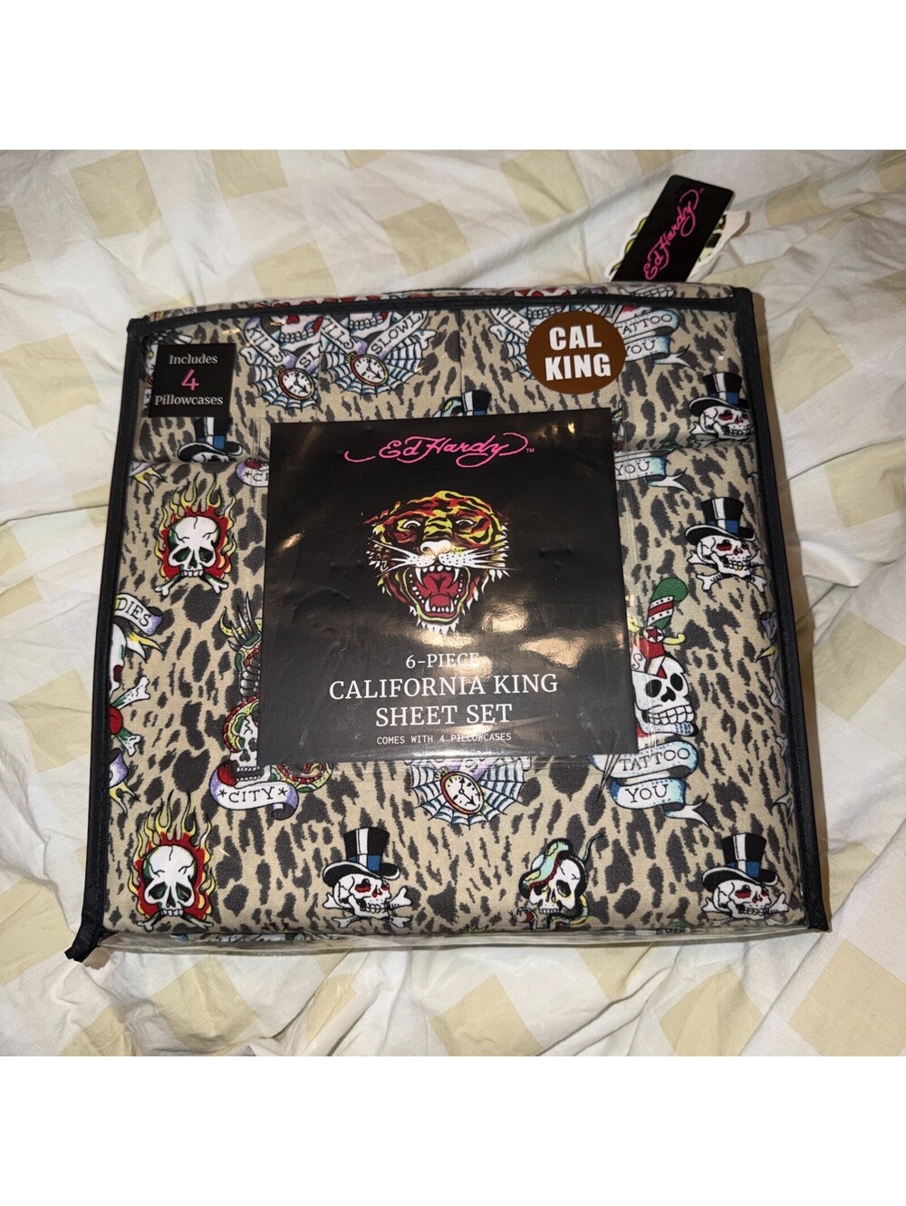 Ed Hardy Love Kills Slowly Leopard Print w/Skulls CALIFORNIA CAL KING Sheet Set